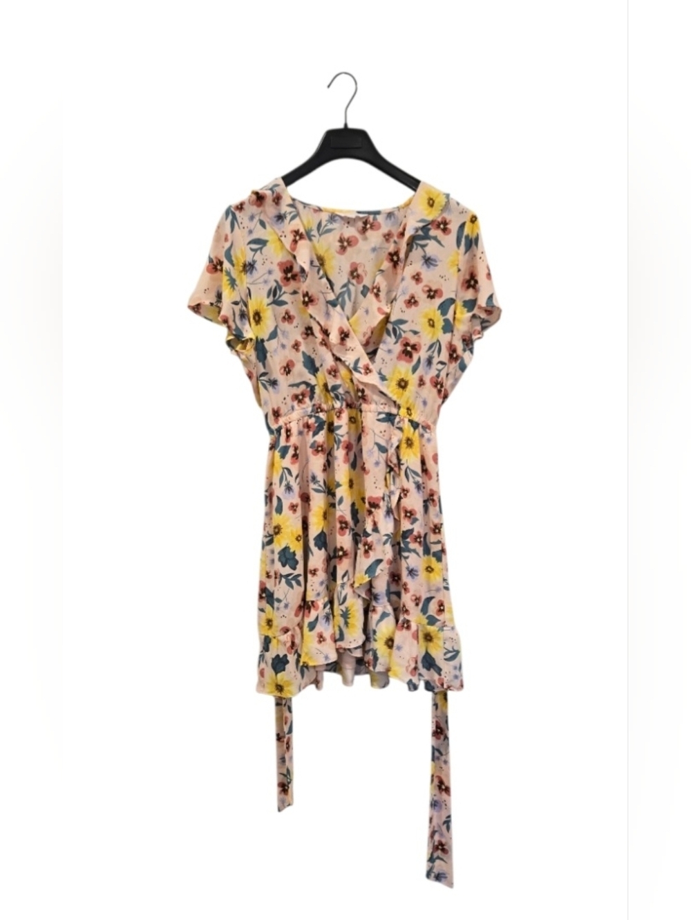 LC Lauren Conrad Pink Floral Wrap Midi Dress with Yellow Accents